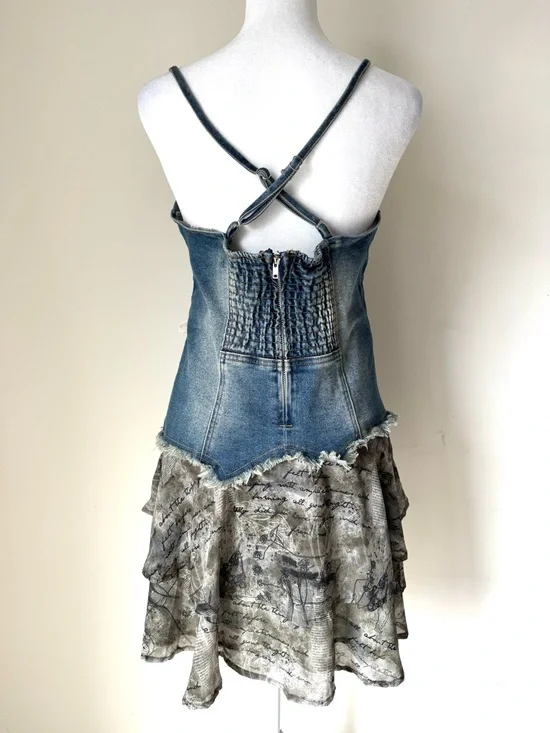 Forever 21 Y2K Denim bustier Mini Dress tiered skirt - Picture 3 of 9